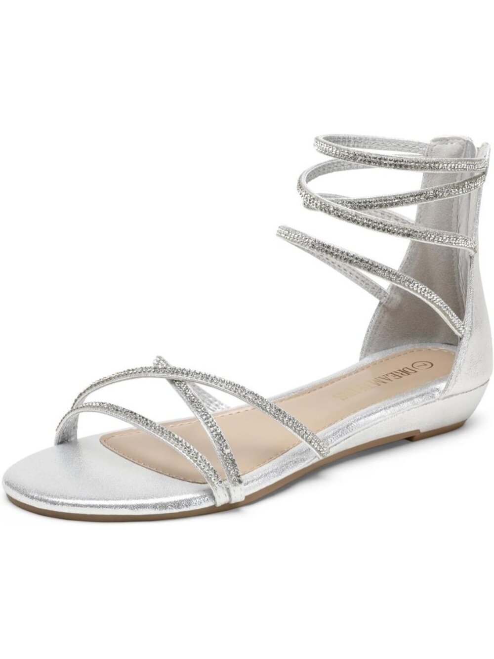 Women's Silver Rhinestones Gladiator Flat Sandals Ankle Strap Comfortable Zip